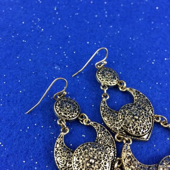 Long Triple Tier Dangle Goldtone Metal Earrings Bali-Inspired Design Statement - Picture 8 of 10